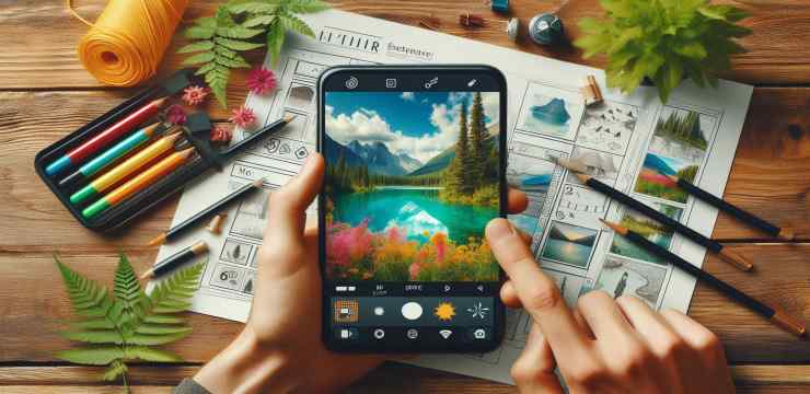 Create a visual representation of a smartphone displaying the Nature Real YTR app interface with vibrant nature photos, editing tools, and sharing icons.